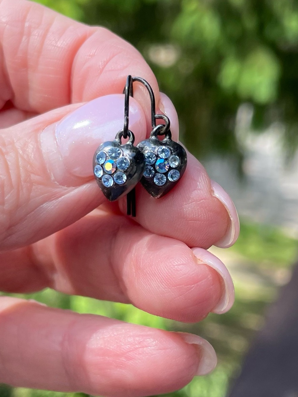 Delicate Heart Dangle Earrings with Sparkling Blue Stones and Gun-metal Finish - Picture 3 of 6
